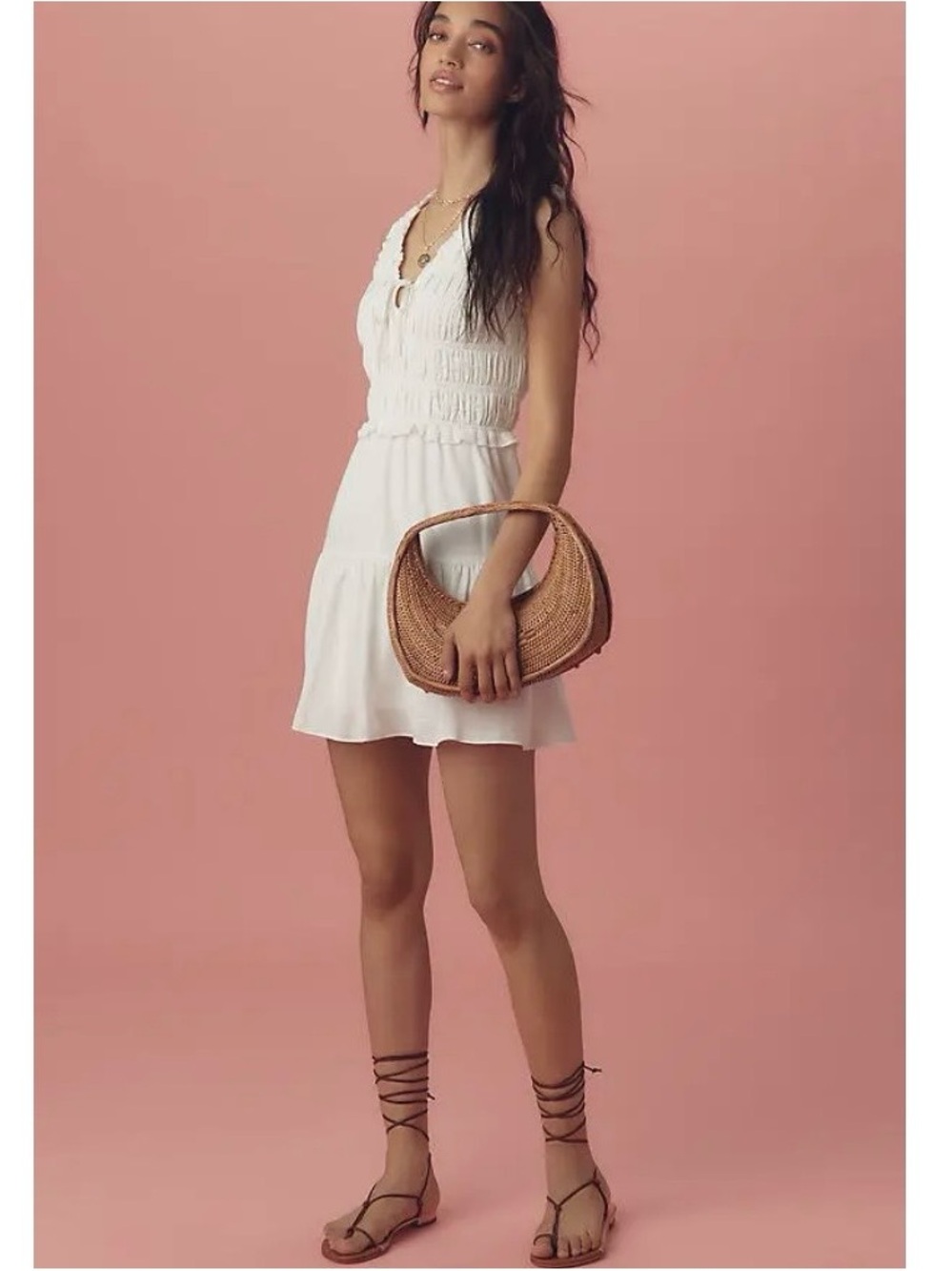 PAIGE White Smocked V-Neck Mini Dress